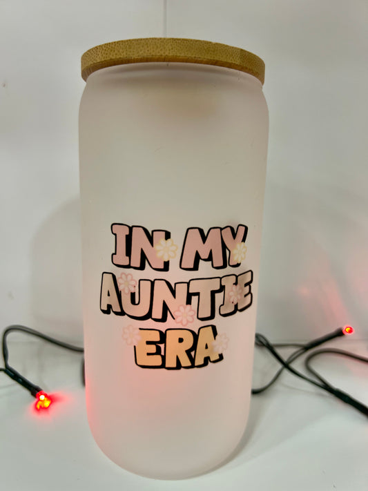 In My Auntie Era 16oz Frosted Glass Can With Bamboo Lid And Reusable Glass Straw
