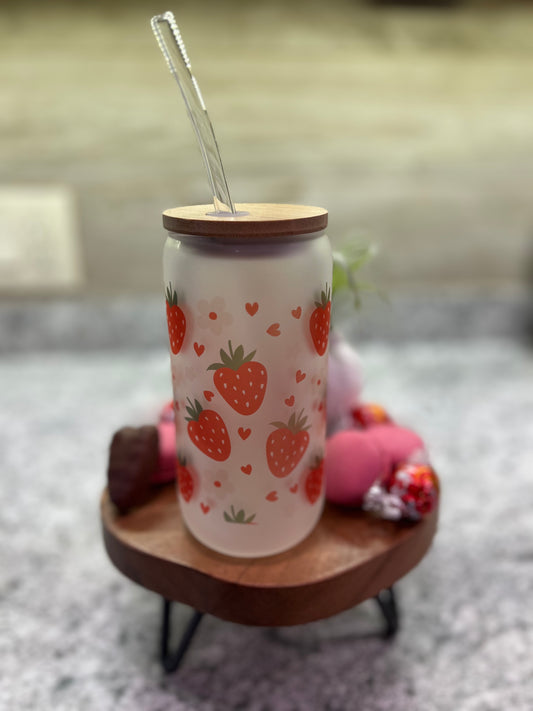 Strawberries 16oz Frosted Glass Can With Bamboo Lid And Reusable Glass Straw