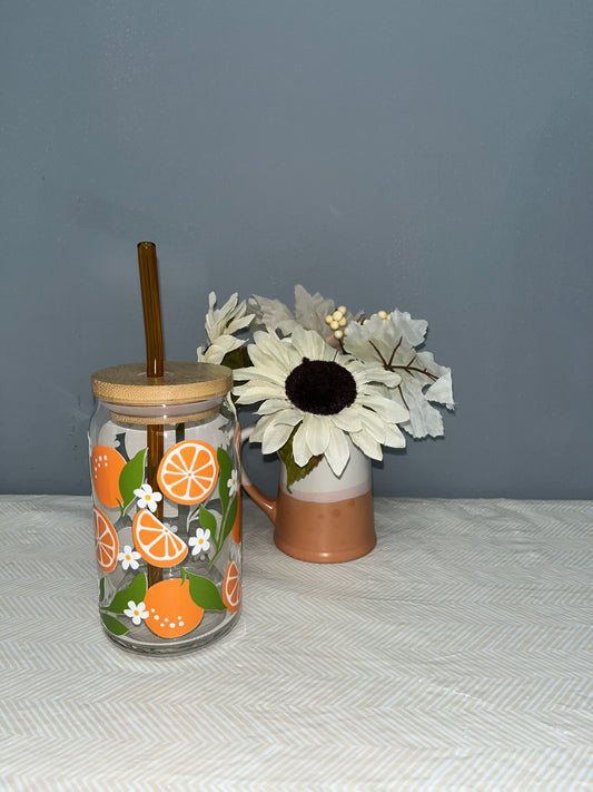 Oranges 16oz Glass Can With Bamboo Lid And Reusable Glass Straw
