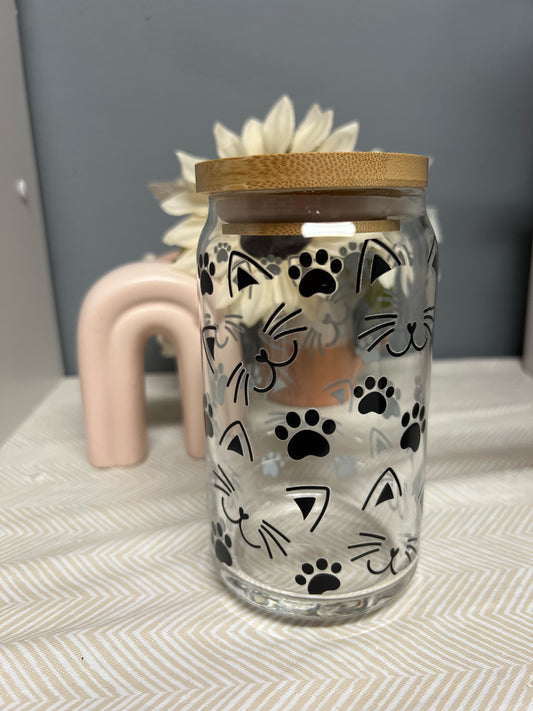 Cat Faces 16oz Glass Can With Bamboo Lid And Reusable Glass Straw