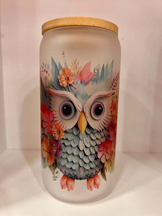 Owl 16oz Frosted Glass Can With Bamboo Lid And Reusable Glass Straw