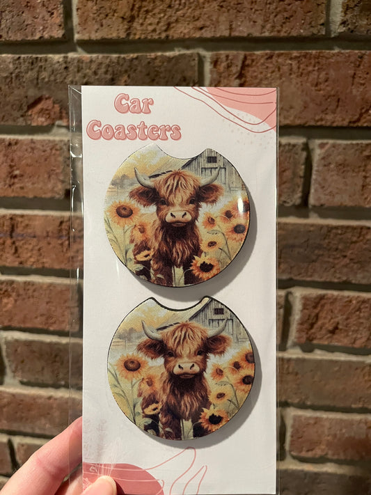 Sunflower Highland Cow Car Coasters