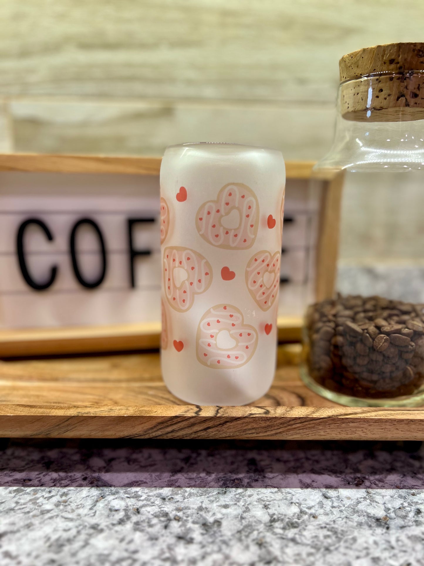 Donuts 16oz Frosted Glass Can With Bamboo Lid And Reusable Glass Straw