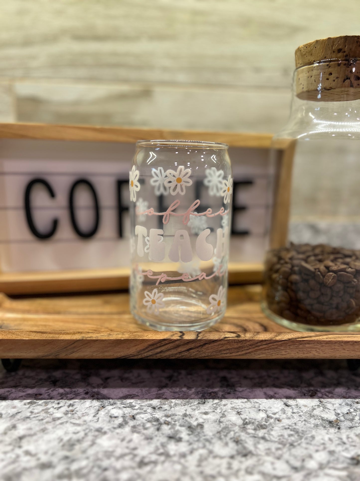Coffee Teach Repeat 16oz Glass Can With Bamboo Lid And Reusable Glass Straw