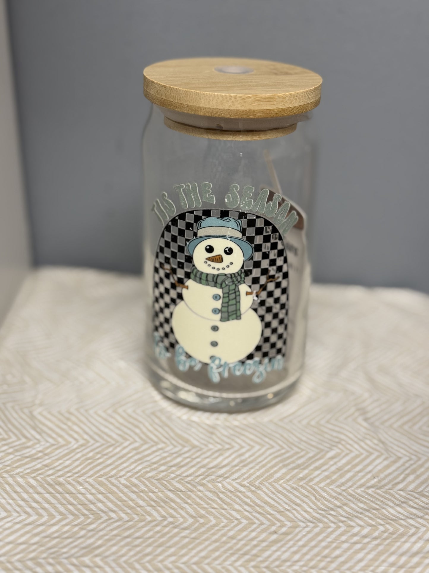 Tis The Season to be freezin’ 16oz Glass Can With Bamboo Lid And Reusable Glass Straw