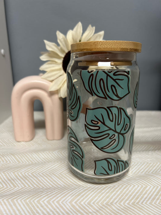 Monstera 16oz Glass Can With Bamboo Lid And Reusable Glass Straw
