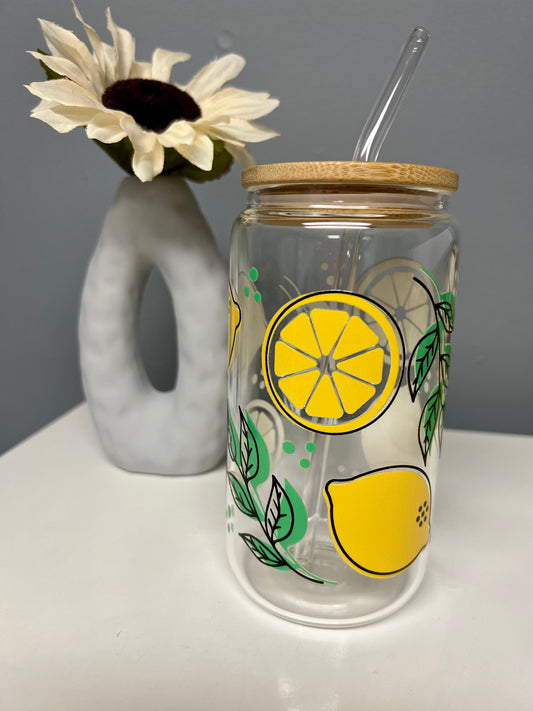 Lemons 16oz Glass Can With Bamboo Lid And Reusable Glass Straw
