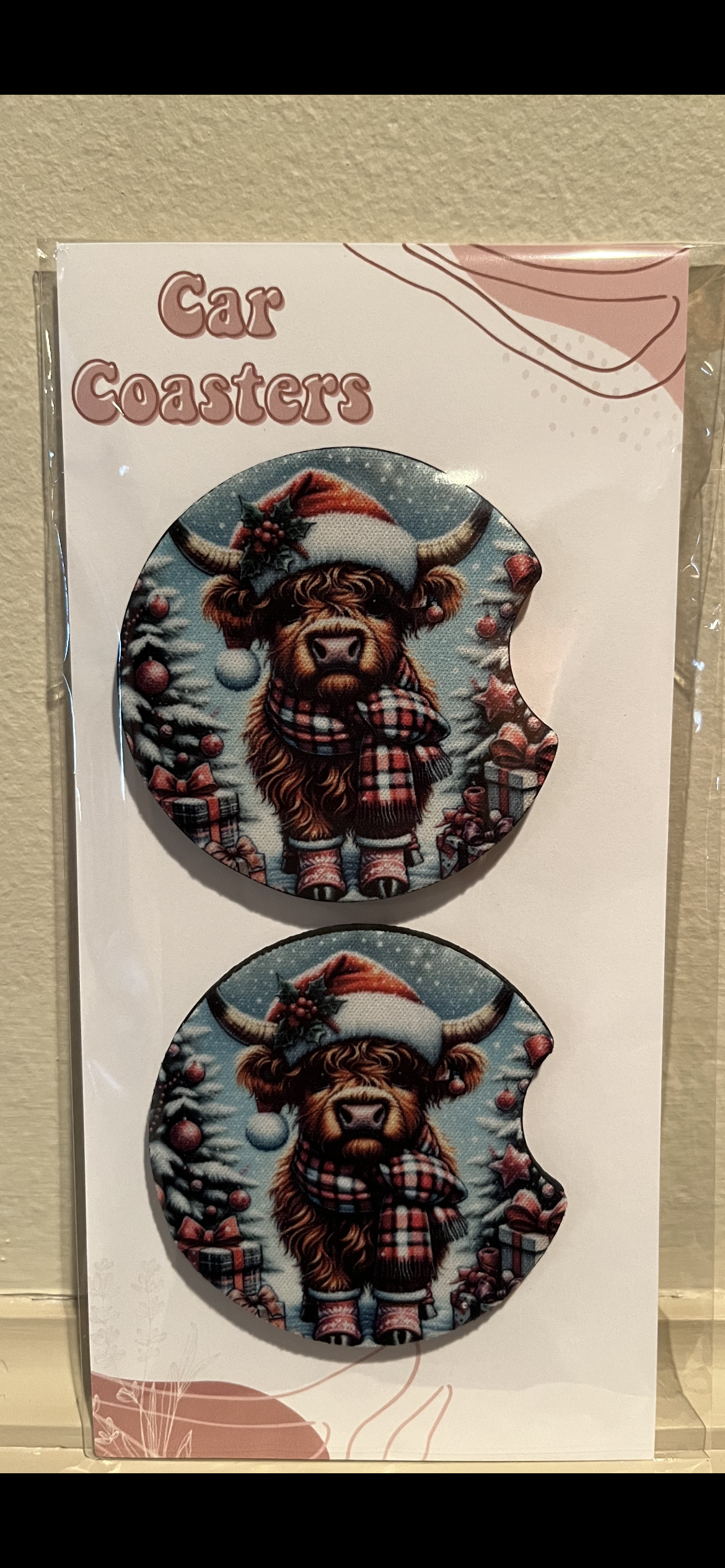 Christmas Highland Cow Car Coasters