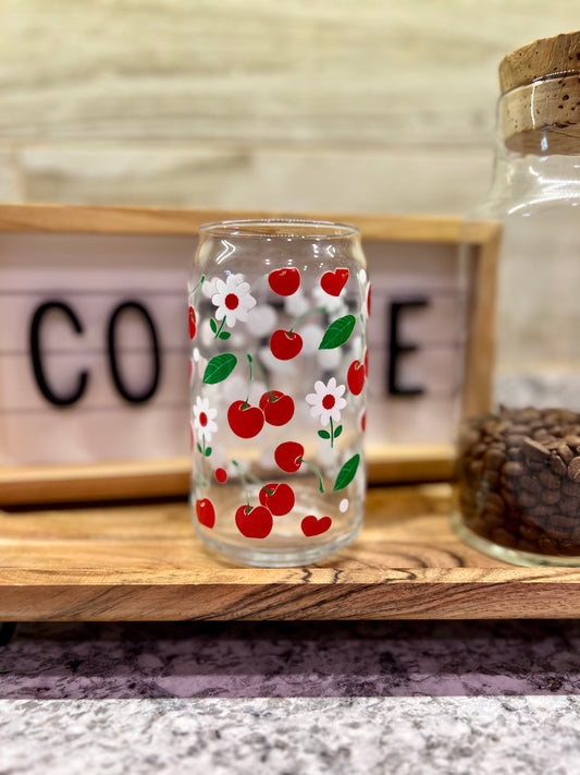 Cherries 16oz Glass Can With Bamboo Lid And Reusable Glass Straw