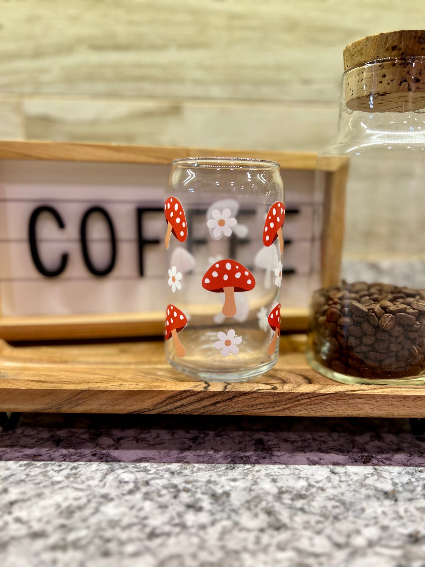 Mushroom 16oz Glass Can With Bamboo Lid And Reusable Glass Straw