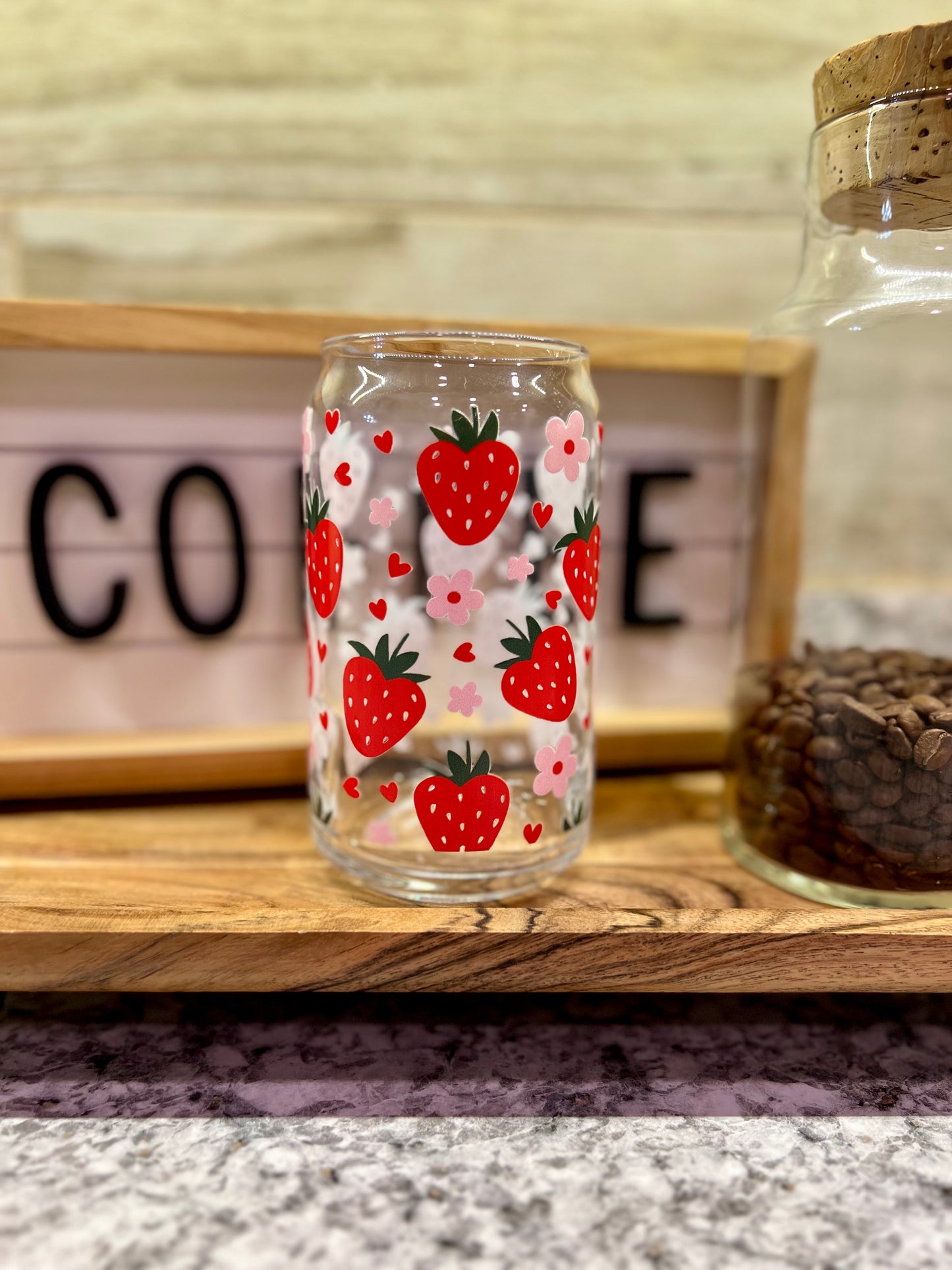 Strawberries 16oz Glass Can With Bamboo Lid And Reusable Glass Straw