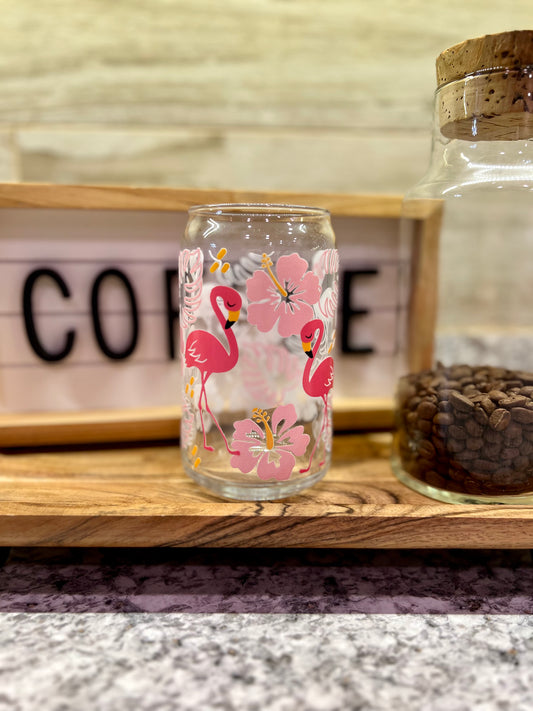 Flamingos 16oz Glass Can With Bamboo Lid And Reusable Glass Straw