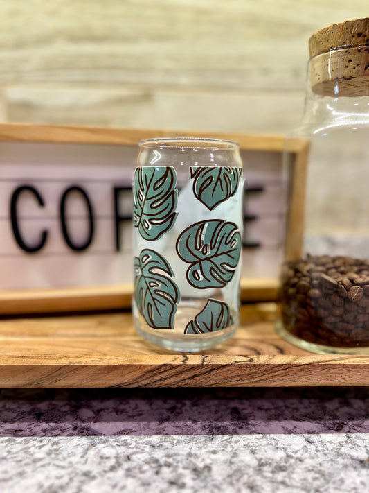 Monstera 16oz Glass Can With Bamboo Lid And Reusable Glass Straw