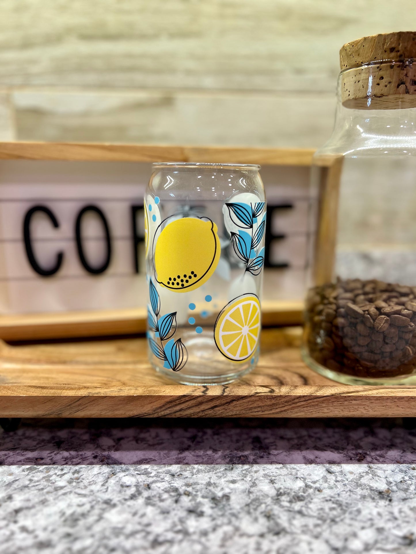 Lemons 16oz Glass Can With Bamboo Lid And Reusable Glass Straw