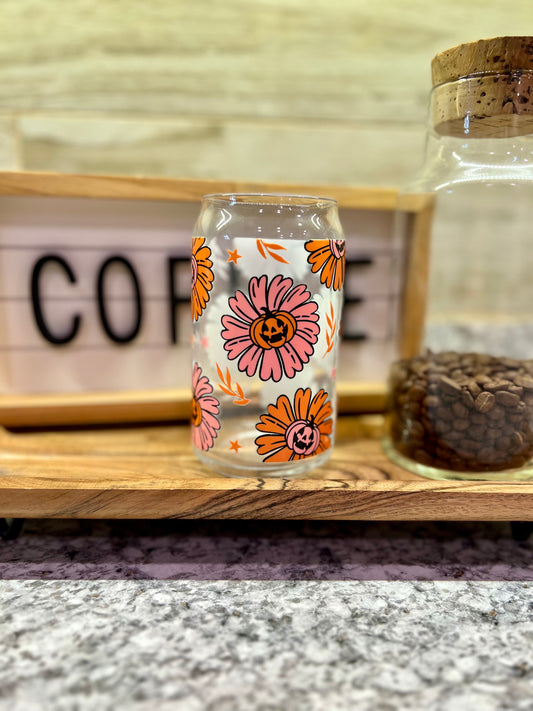 Pumpkin Sunflowers 16oz Glass Can With Bamboo Lid And Reusable Glass Straw