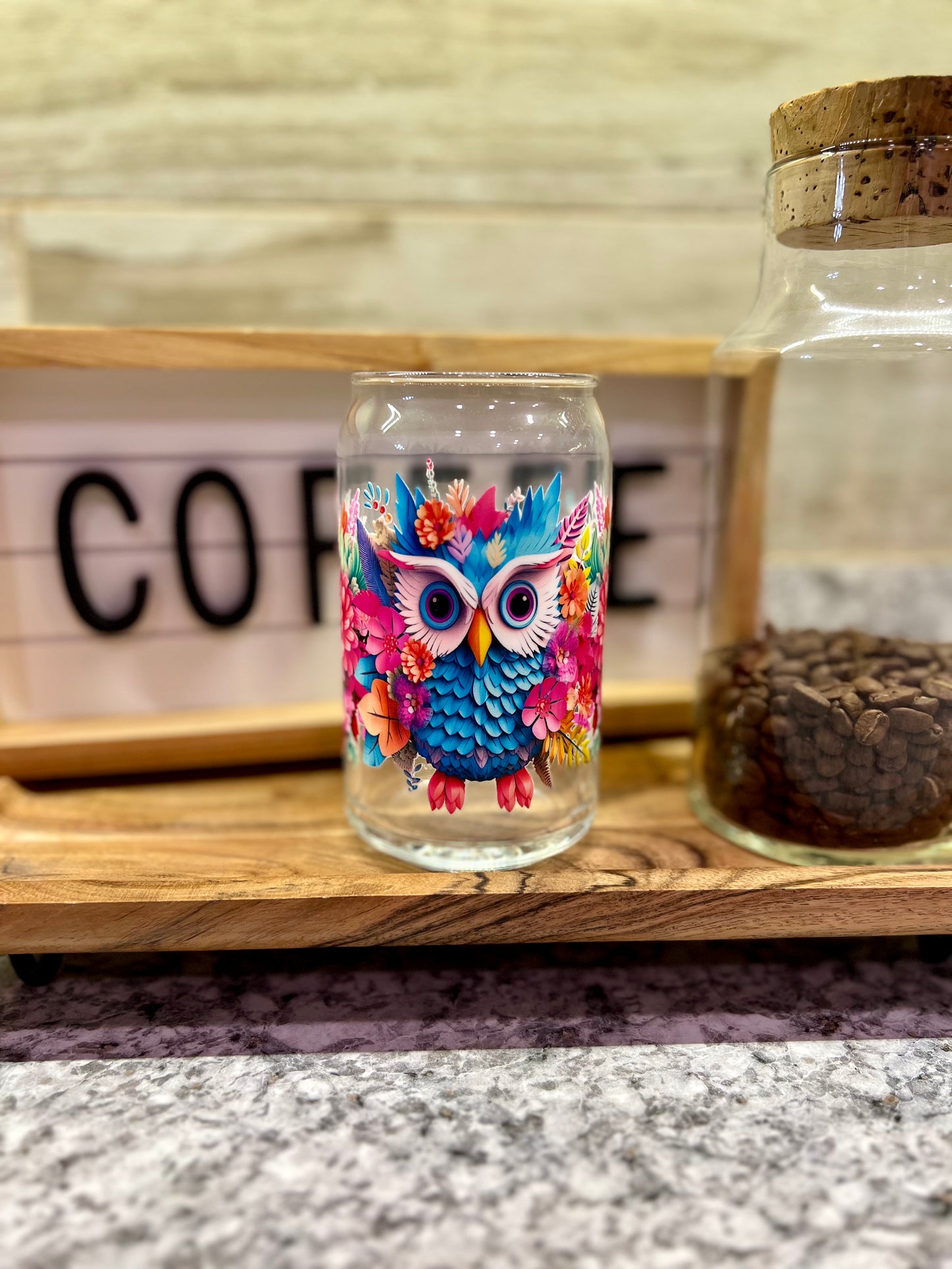 Owl 16oz Glass Can With Bamboo Lid And Reusable Glass Straw