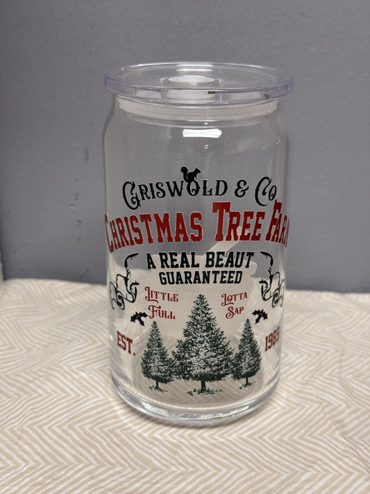 Griswold Christmas 16oz Glass Can With Bamboo Lid And Reusable Glass Straw